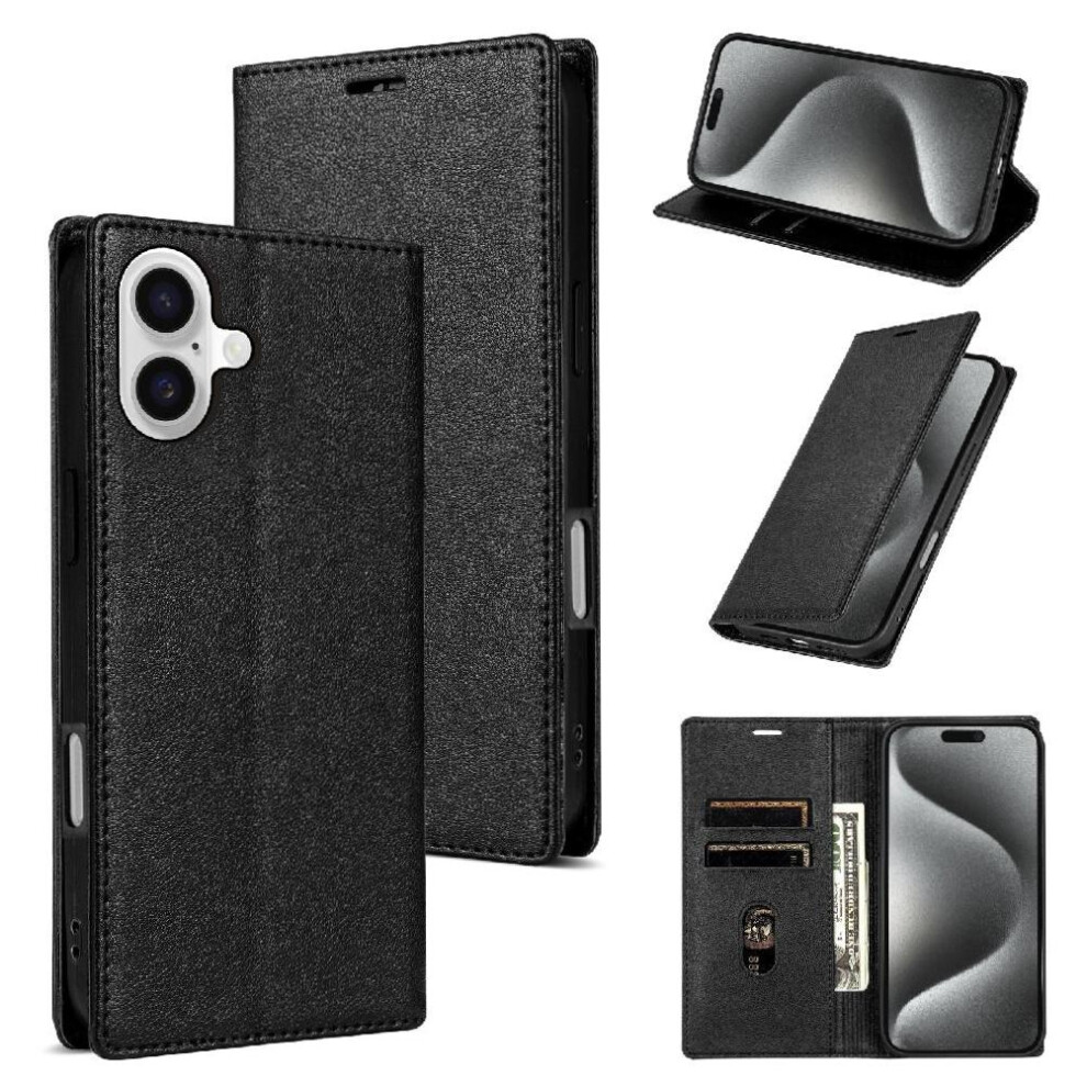 (Black) Business Style Case For Iphone 16 Card Holder Flip Case Kickstand Shockproof Magnetic Closure Black 764563415526