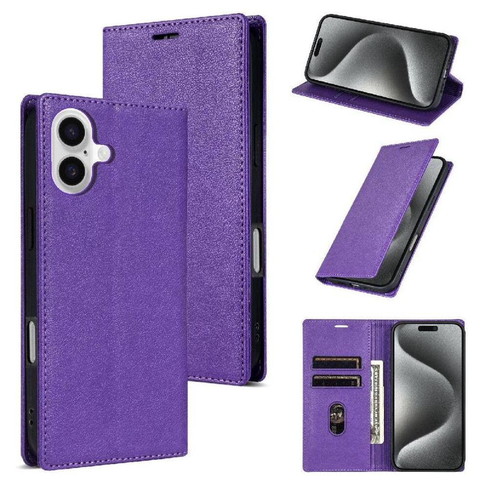 (Purple) Business Style Case For Iphone 16 Card Holder Flip Case Kickstand Shockproof Magnetic Closure Purple 764563415519