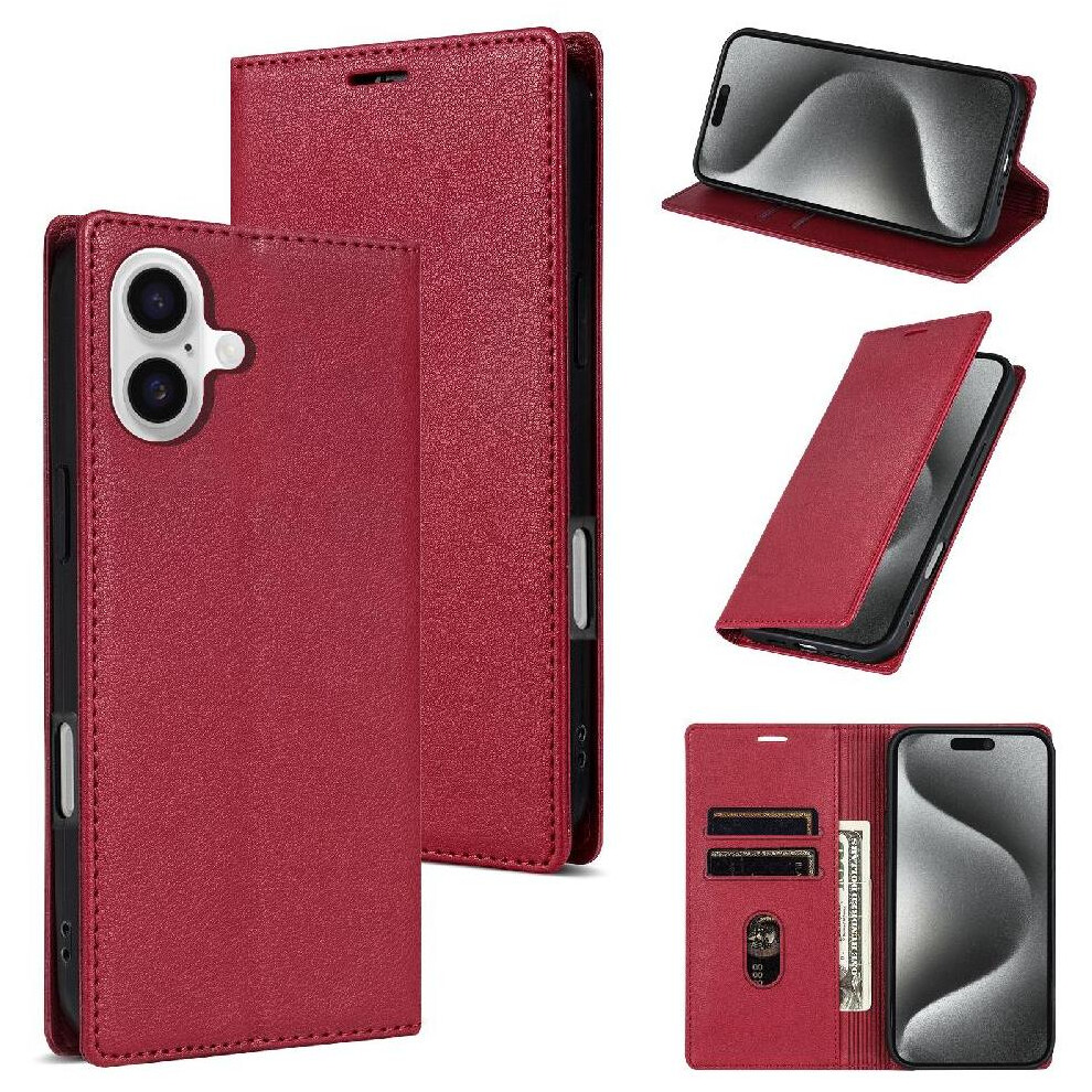 (Red) Business Style Case For Iphone 16 Plus Shockproof Magnetic Closure Kickstand Card Holder Flip Case Red 764563415557