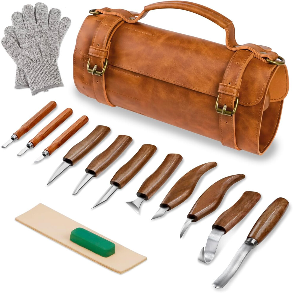 Wood Whittling Kit, 15pcs Wood Carving Tools Kit, Wood Whittling Kit for Beginners, Woodworking Project Kits with Large Leather Case
