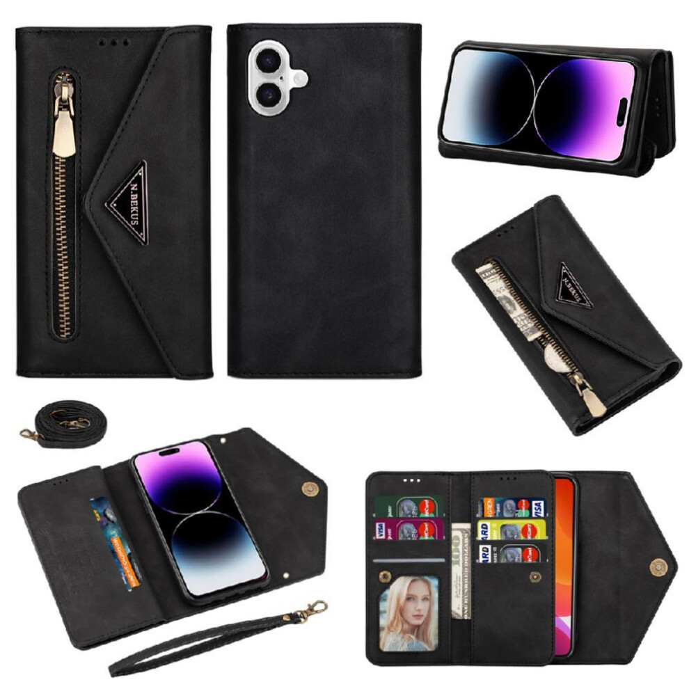 (Black) Zipper Pocket Case For Iphone 16 Kickstand Shockproof Wrist Strap Protective Cover Crossbody Strap Black 764563416080