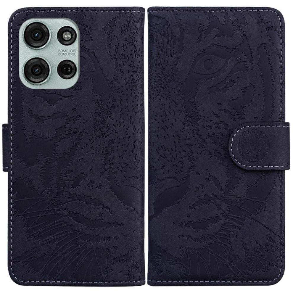 (Black) Flip Case For Motorola Moto G75 Kickstand Protective Embossed Cute Tiger Leather Wallet Black 764563417001
