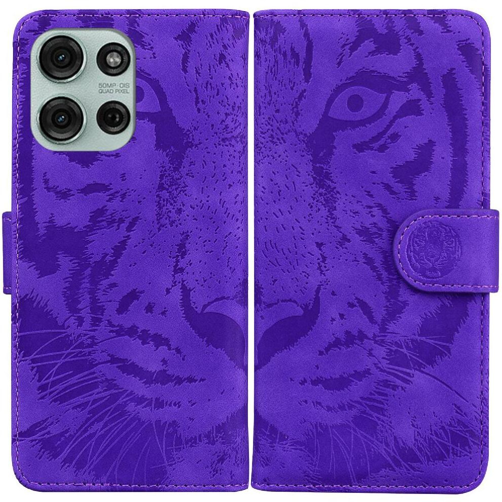 (Purple) Flip Case For Motorola Moto G75 Kickstand Protective Embossed Cute Tiger Leather Wallet Purple 764563417032