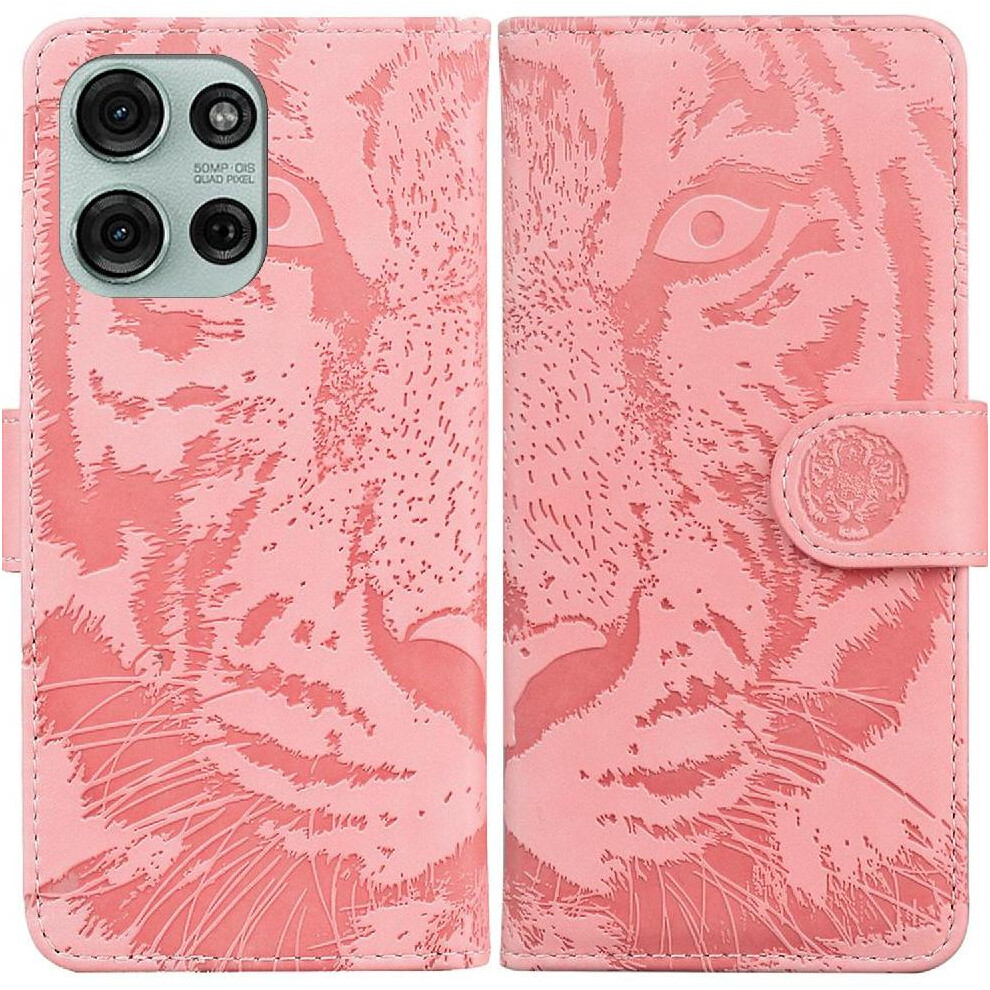 (Pink) Flip Case For Motorola Moto G75 Kickstand Protective Embossed Cute Tiger Leather Wallet Pink 764563417056