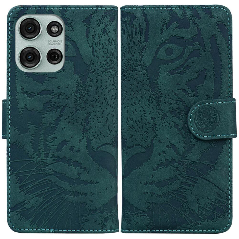 (Green) Flip Case For Motorola Moto G75 Kickstand Protective Embossed Cute Tiger Leather Wallet Green 764563417025