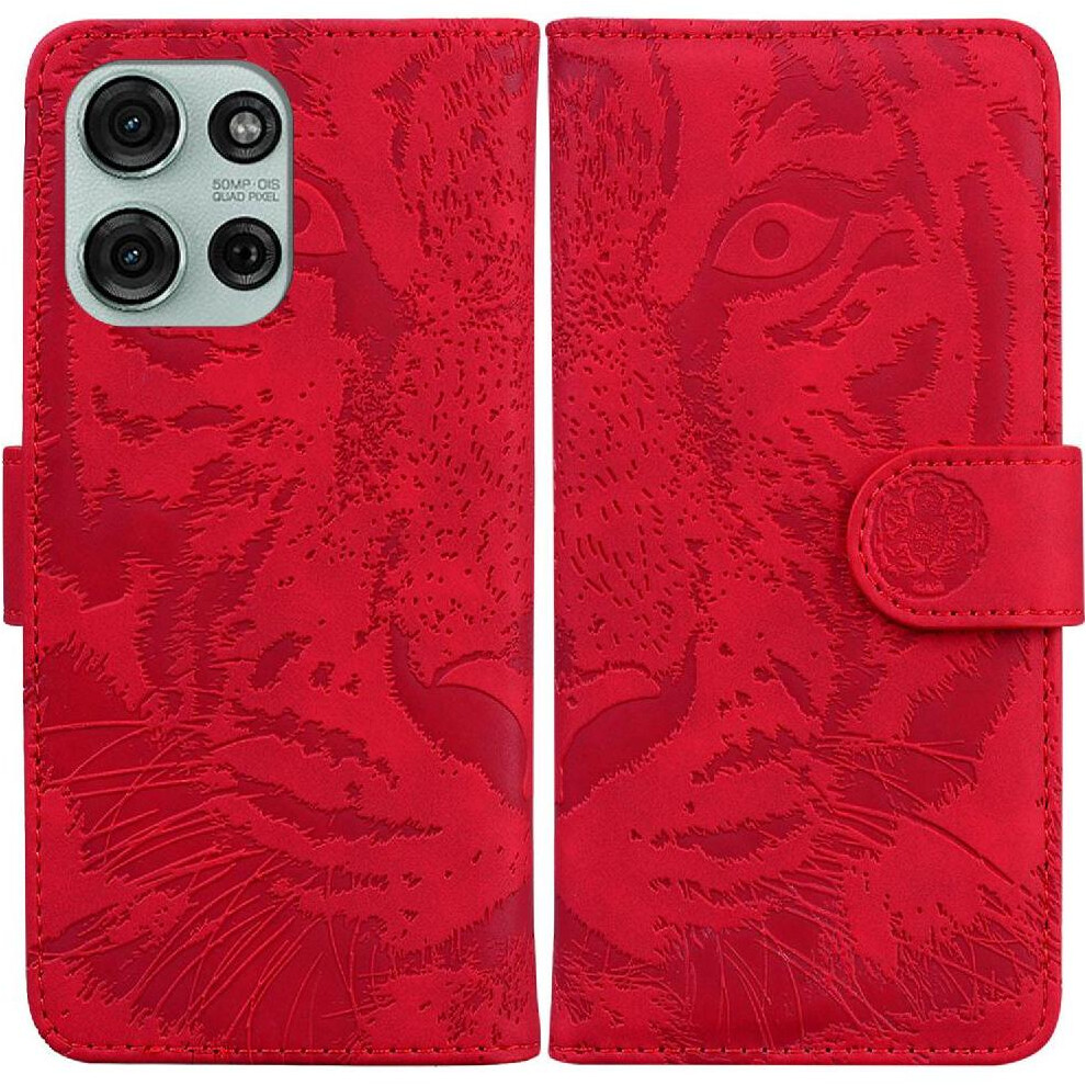 (Red) Flip Case For Motorola Moto G75 Kickstand Protective Embossed Cute Tiger Leather Wallet Red 764563417018