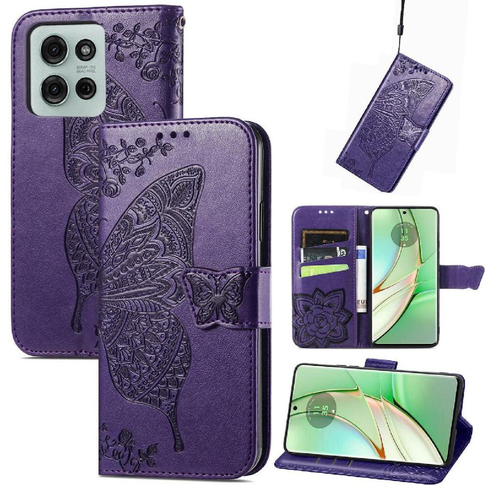 ( Violet) Flip Case For Motorola Moto G75 Wing Multi-Color Business Wallet Butterfly Dark 764563417131