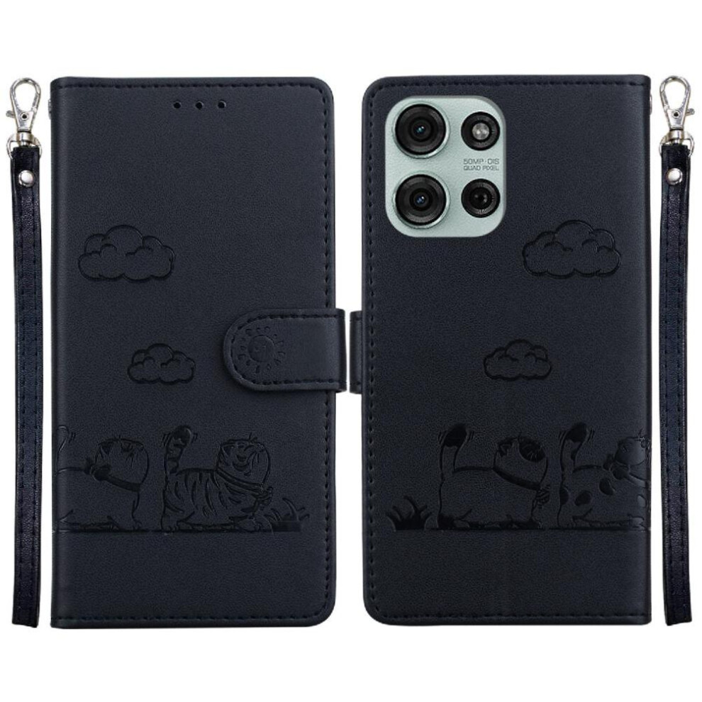(Black) Flip Case For Motorola Moto G75 Cat Rfid Leather Wallet Card Slot Holder Kickstand Black 764563417377