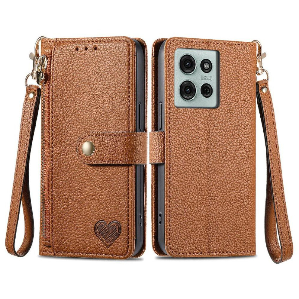 (Brown) Case For Motorola Moto G75 Wallet Lanyard Love Zipper Leather Case Brown 764563417551