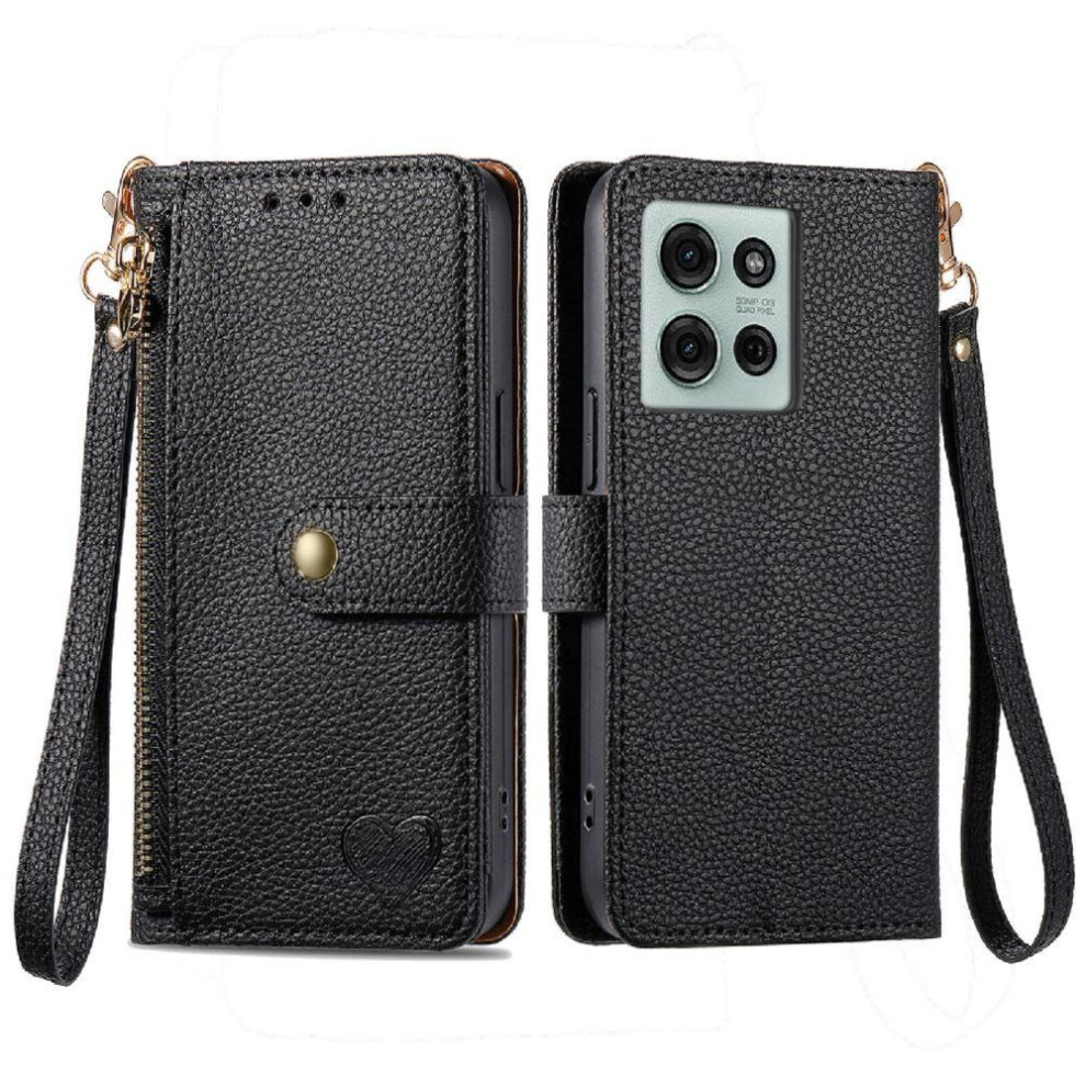 (Black) Case For Motorola Moto G75 Wallet Lanyard Love Zipper Leather Case Black 764563417599