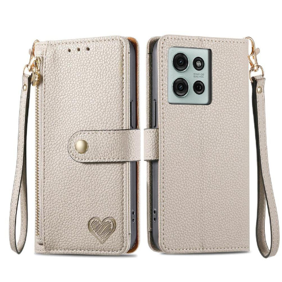 (Silver) Case For Motorola Moto G75 Wallet Lanyard Love Zipper Leather Case Silver 764563417605