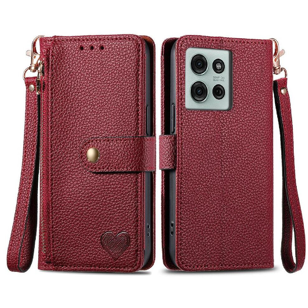 (Red) Case For Motorola Moto G75 Wallet Lanyard Love Zipper Leather Case Red 764563417575