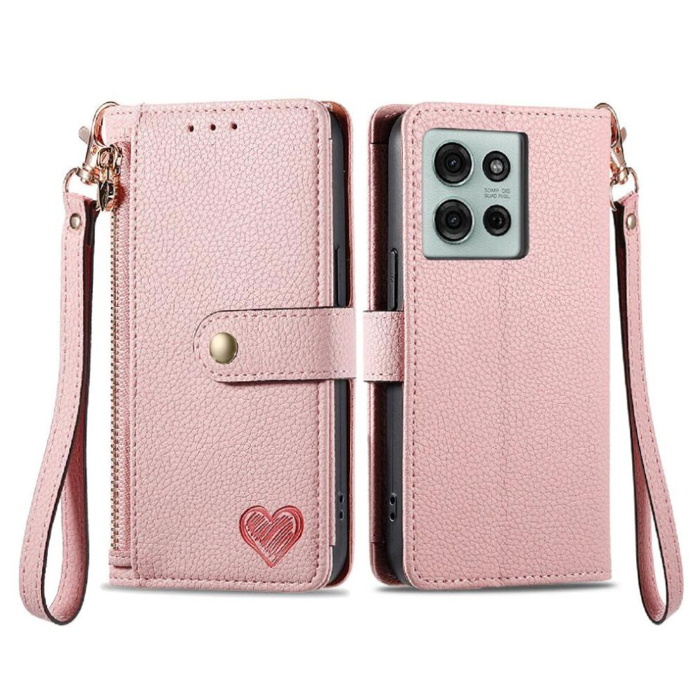 (Pink) Case For Motorola Moto G75 Wallet Lanyard Love Zipper Leather Case Pink 764563417568