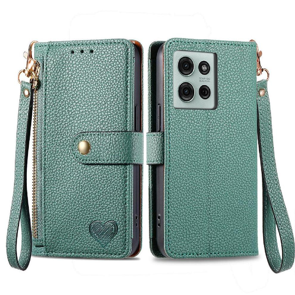 (Green) Case For Motorola Moto G75 Wallet Lanyard Love Zipper Leather Case Green 764563417582