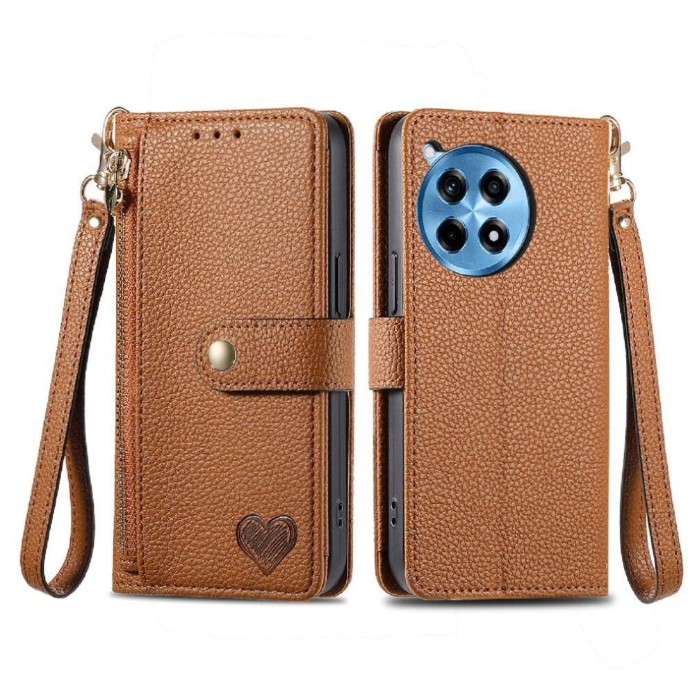 (Brown) Case For Oneplus Ace 3 Pro Lanyard Leather Case Love Wallet Zipper Brown 764563417612
