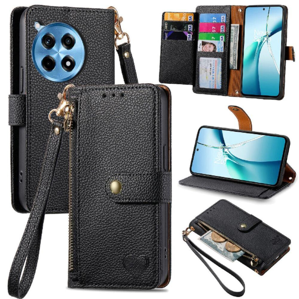 (Black) Case For Oneplus Ace 3 Pro Lanyard Leather Case Love Wallet Zipper Black 764563417650