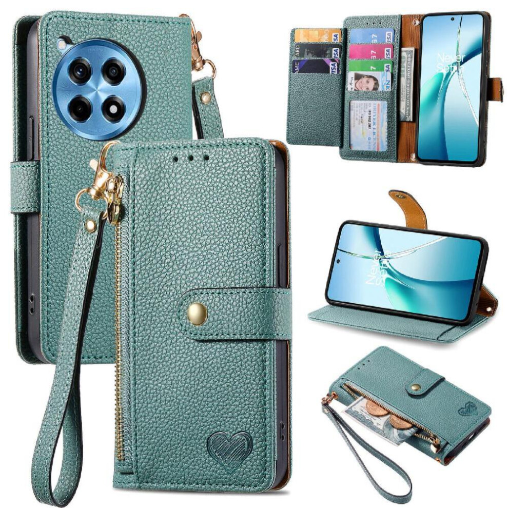 (Green) Case For Oneplus Ace 3 Pro Lanyard Leather Case Love Wallet Zipper Green 764563417643