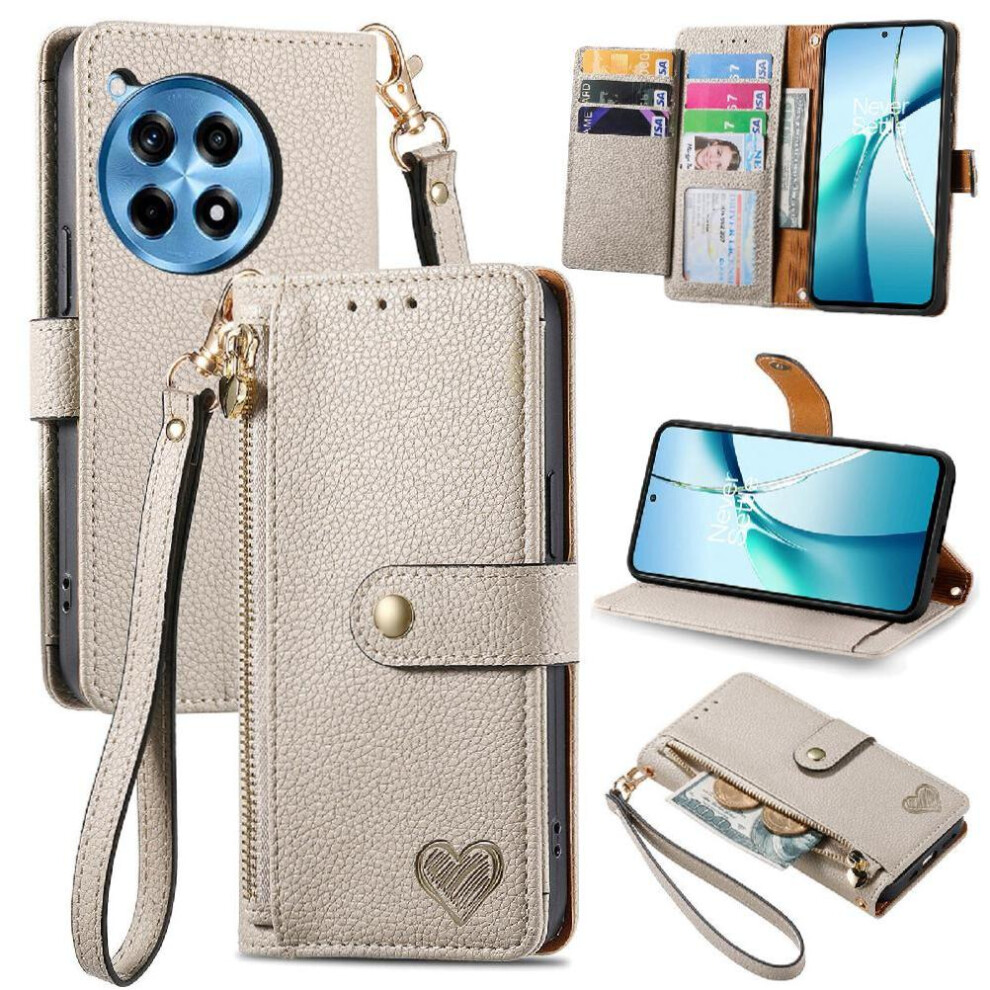 (Silver) Case For Oneplus Ace 3 Pro Lanyard Leather Case Love Wallet Zipper Silver 764563417667