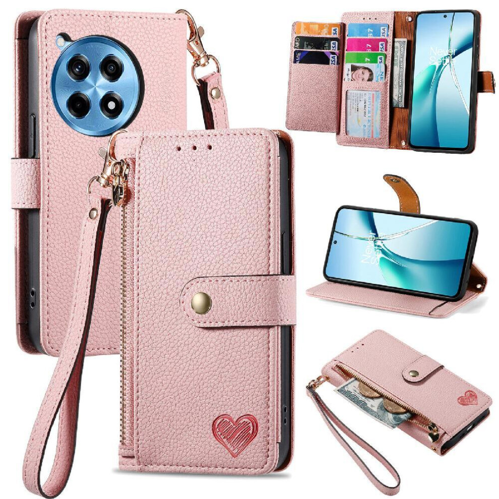 (Pink) Case For Oneplus Ace 3 Pro Lanyard Leather Case Love Wallet Zipper Pink 764563417629