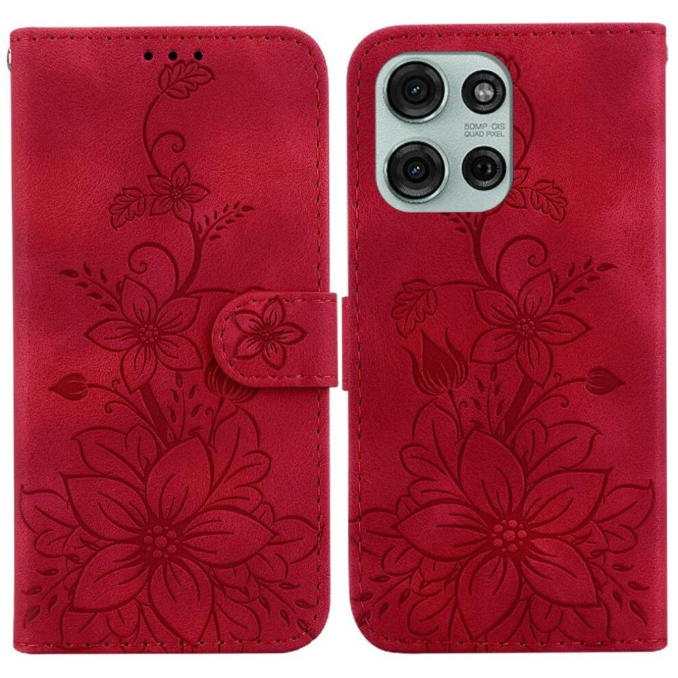 (Red) Flip Case For Motorola Moto G75 Card Holder Magnetic Wallet Embossed Lily Kickstand Red 764563418244