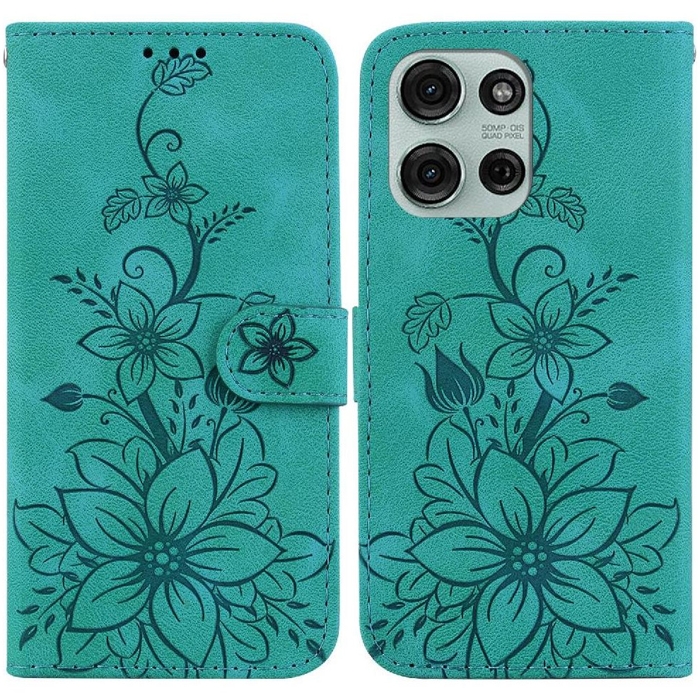 (Green) Flip Case For Motorola Moto G75 Card Holder Magnetic Wallet Embossed Lily Kickstand Green 764563418206