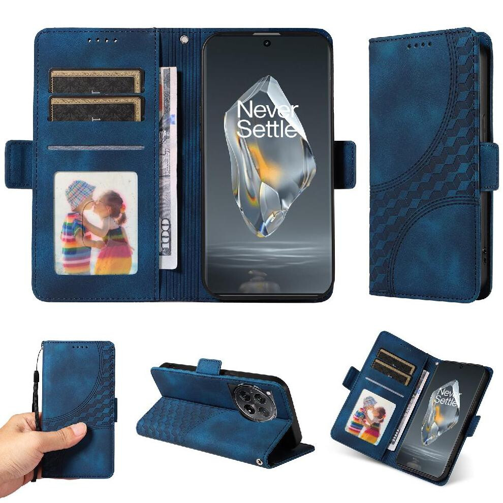 (Blue) Case For Oneplus 12R Card Slot Holders Leather Quilted Pattern Protective Cover Blue 764563418398