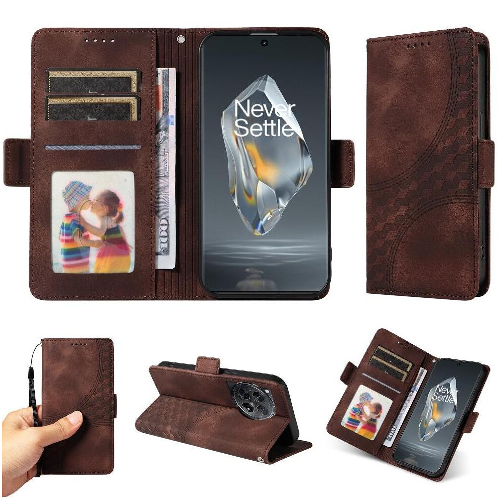 (Brown) Case For Oneplus 12R Card Slot Holders Leather Quilted Pattern Protective Cover Brown 764563418411