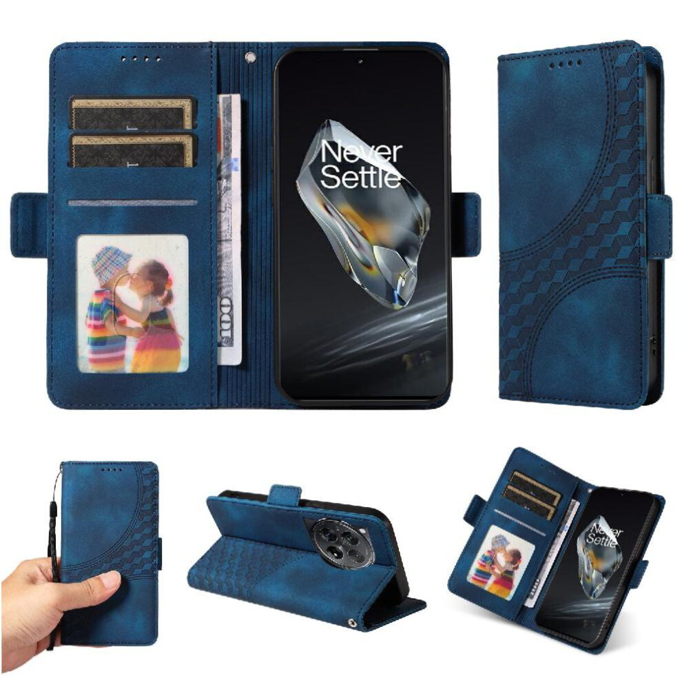 (Blue) Case For Oneplus 12 Quilted Pattern Leather Protective Cover Card Slot Holders Blue 764563418442