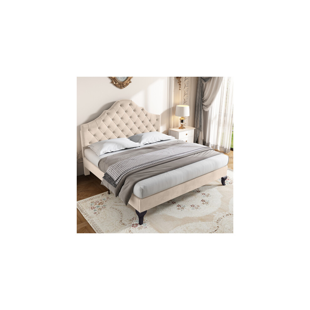4ft6 Double Upholstered bed with slatted frame and height-adjustable headboard, Velvet, Beige, 135*190