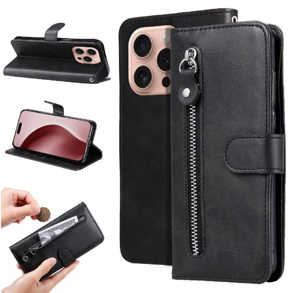 (Black) Case For Iphone 16 Pro Max Leather Zipper Protective Cover Card Slot Holders Black 764563418992