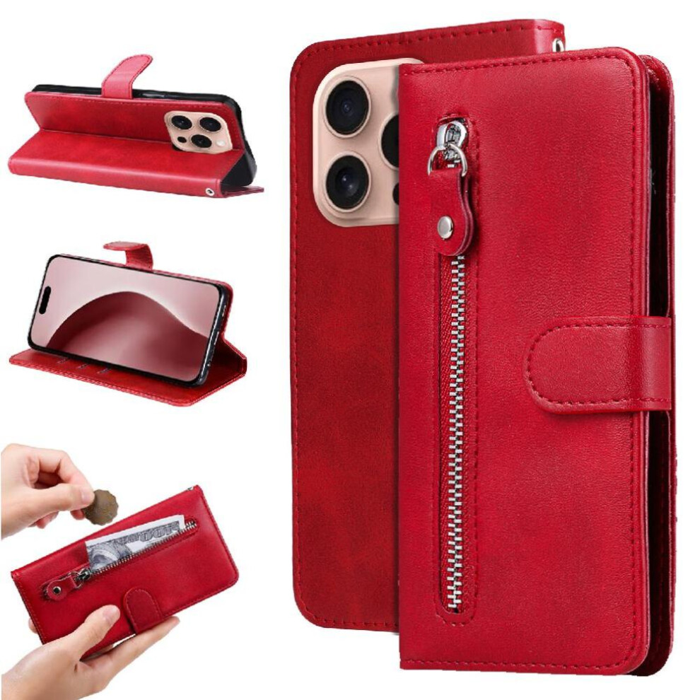 (Red) Case For Iphone 16 Pro Max Leather Zipper Protective Cover Card Slot Holders Red 764563419005