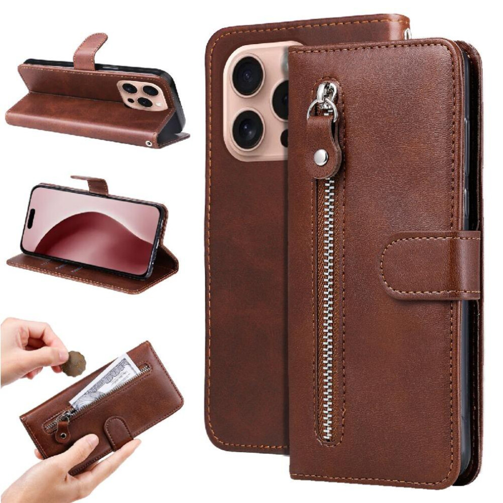 (Brown) Case For Iphone 16 Pro Max Leather Zipper Protective Cover Card Slot Holders Brown 764563418985
