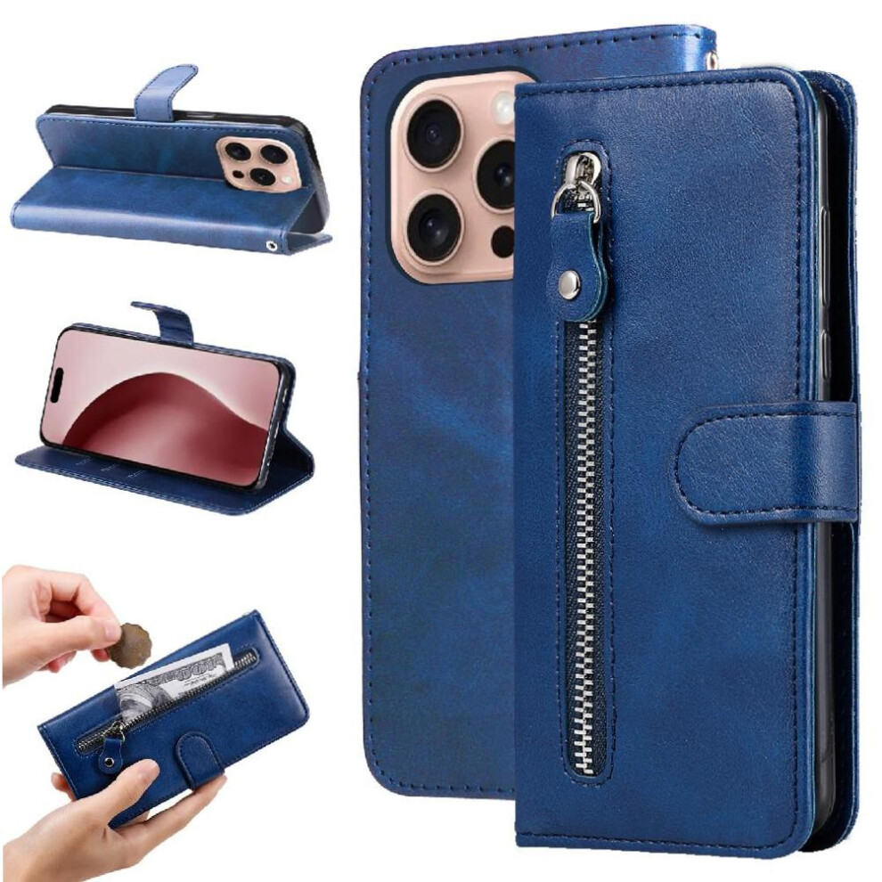 (Blue) Case For Iphone 16 Pro Max Leather Zipper Protective Cover Card Slot Holders Blue 764563418978