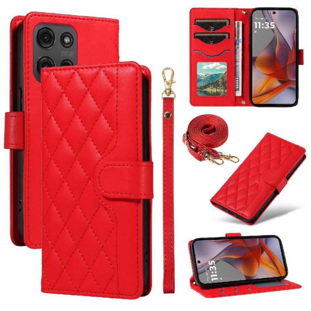 Photos - Case  Flip  for Motorola Moto G75 5g Wallet Card Slots Detachable Wrist Strap and Long Lanyard Lattice Flip Folio Phone(Red)