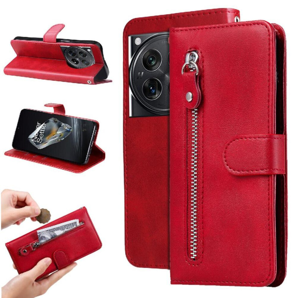 Photos - Case   for Oneplus 12 Zipper Leather Protective Cover Card Slot Holders(Red)
