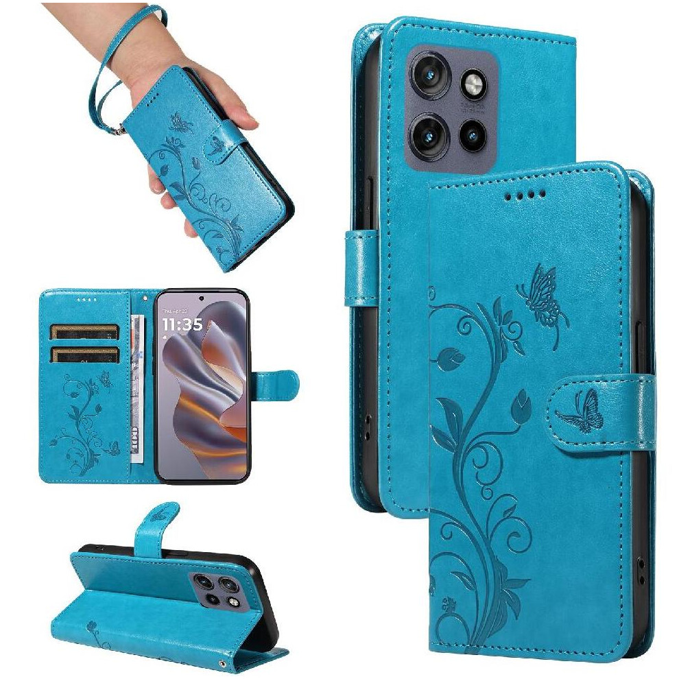 Photos - Case   for Motorola Edge 50 Neo and Card Slot High Quality Leather Embossed Butterfly Wallet Phone  with Hand Strap(Blue)