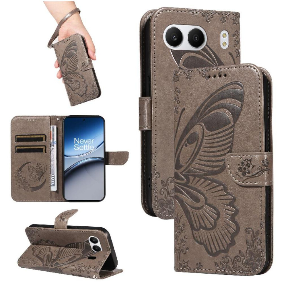 ( ) Flip Case For Oneplus Nord 4 5G Detachable Hand Strap High Quality Leather With Credit Card Slot Embossed Butterfly Gray 764563420520
