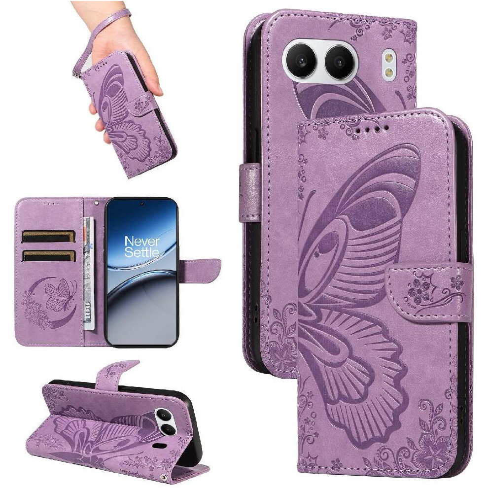 (Purple) Flip Case For Oneplus Nord 4 5G Detachable Hand Strap High Quality Leather With Credit Card Slot Embossed Butterfly Purple 764563420537