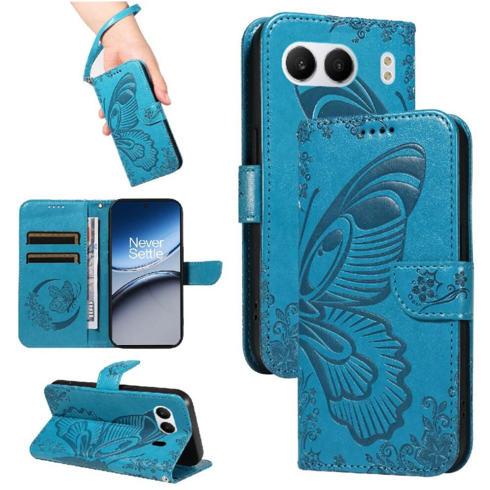 (Blue) Flip Case For Oneplus Nord 4 5G Detachable Hand Strap High Quality Leather With Credit Card Slot Embossed Butterfly Blue 764563420551