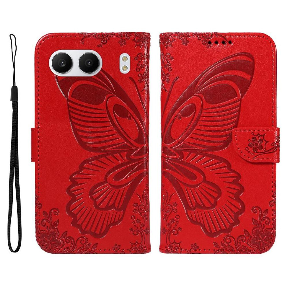(Red) Flip Case For Oneplus Nord 4 5G Detachable Hand Strap High Quality Leather With Credit Card Slot Embossed Butterfly Red 764563420544