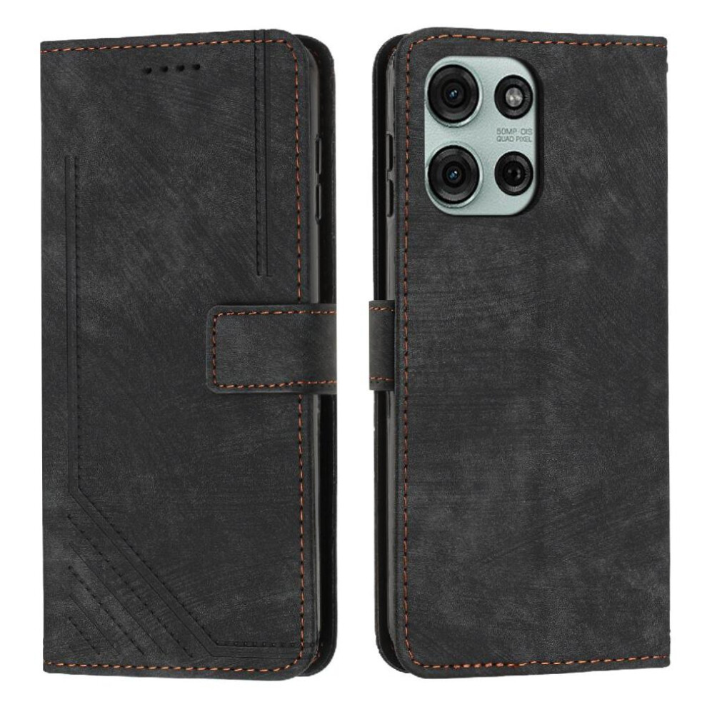 (Black) Flip Case For Motorola Moto G75 Card Insertion Wallet Kickstand Pu Leather Black 764563420605