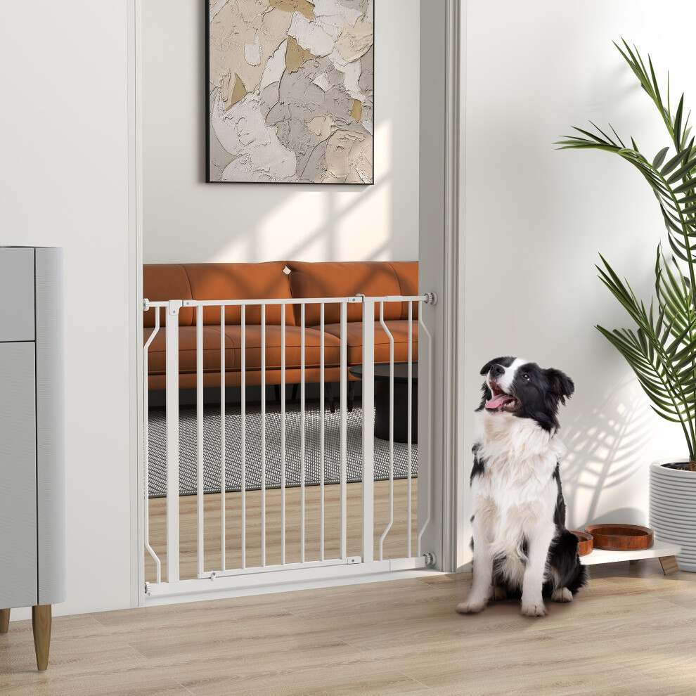PawHut Dog Gate Wide Stair Gate w/ Door Pressure Fit, 75-95W cm, White
