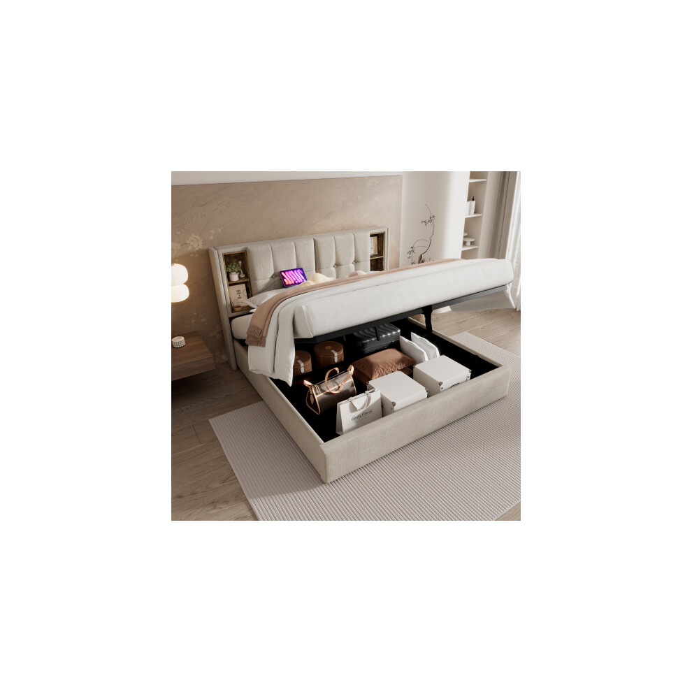 4FT6 Linen Fabric Upholstered Double Bed with Wireless Charging(USB Tyep-C), Hydraulic Lever,  Natural (No Mattress)