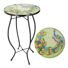 (Peacock) GEEZY Mosaic Iron/Glass Round Coffee Table Garden Patio Elegant Plant Stand
