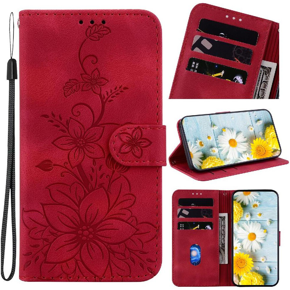 (Red) Flip Case For Motorola Moto S50 Magnetic Embossed Lily Kickstand Card Holder Wallet Red 764563424559