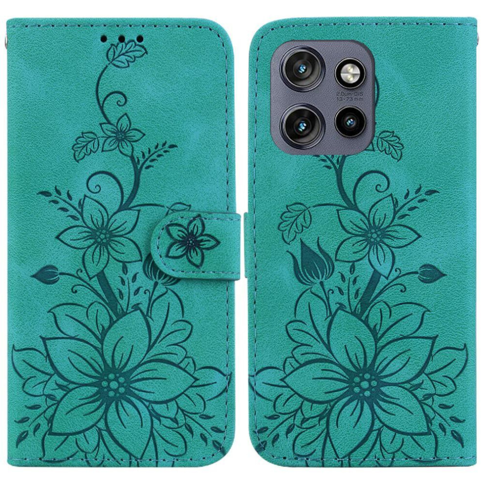 (Green) Flip Case For Motorola Moto S50 Magnetic Embossed Lily Kickstand Card Holder Wallet Green 764563424511