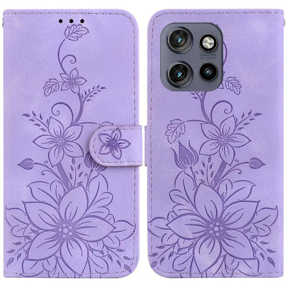 (Purple) Flip Case For Motorola Moto S50 Magnetic Embossed Lily Kickstand Card Holder Wallet Purple 764563424542