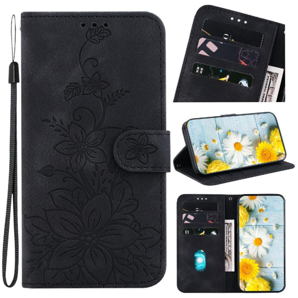 (Black) Flip Case For Motorola Moto S50 Magnetic Embossed Lily Kickstand Card Holder Wallet Black 764563424566