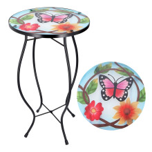 (Small Butterfly) GEEZY Mosaic Iron/Glass Round Coffee Table Garden Patio Elegant Plant Stand