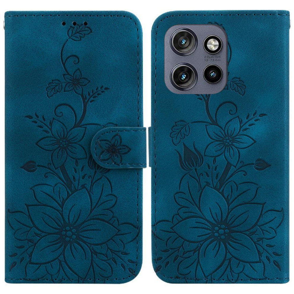 (Dark ) Flip Case For Motorola Thinkphone 25 Card Holder Embossed Lily Wallet Kickstand Magnetic Blue 764563424597